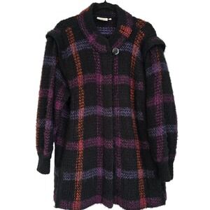 Vintage Oarella Plaid Cardigan Jacket Sweater Mohair Blend Purple Orange Black M